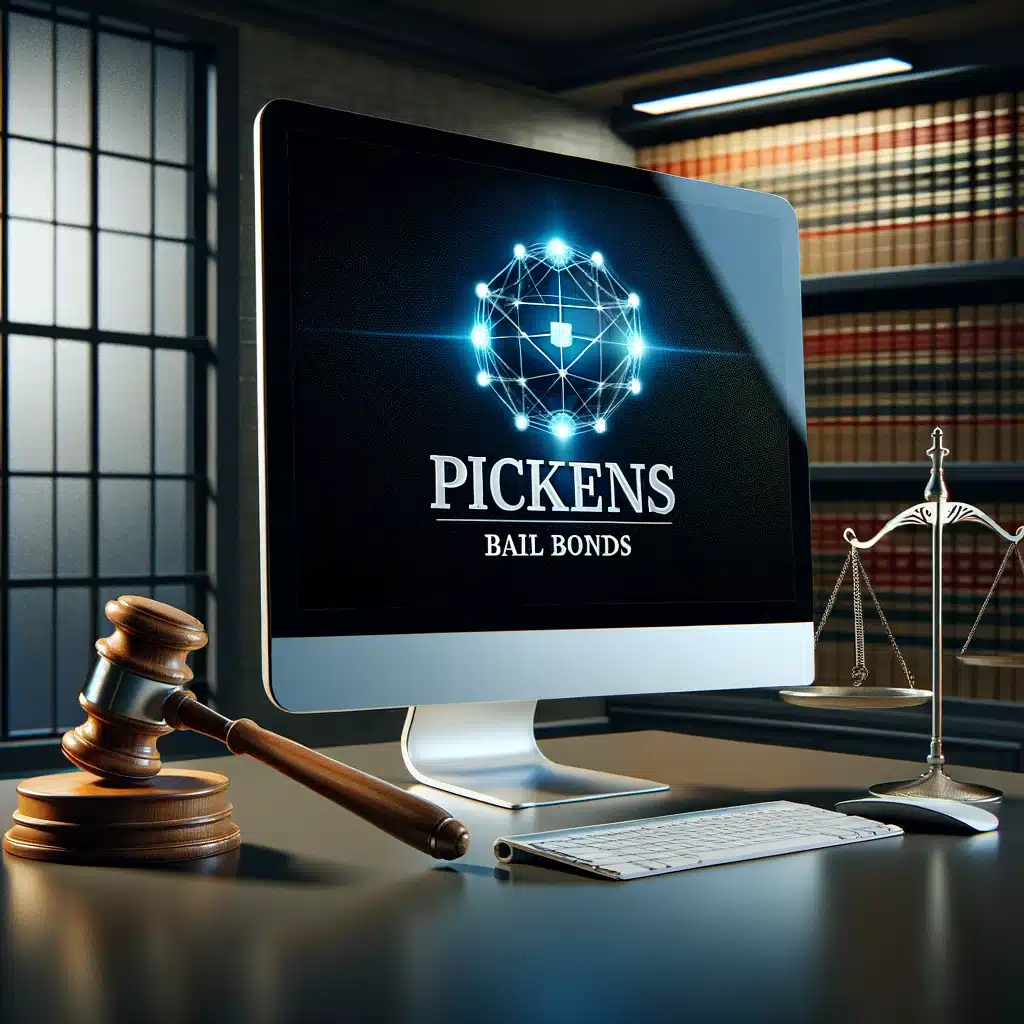 Pickens Bail Bonds computer screen with gavel and scales of justice.
