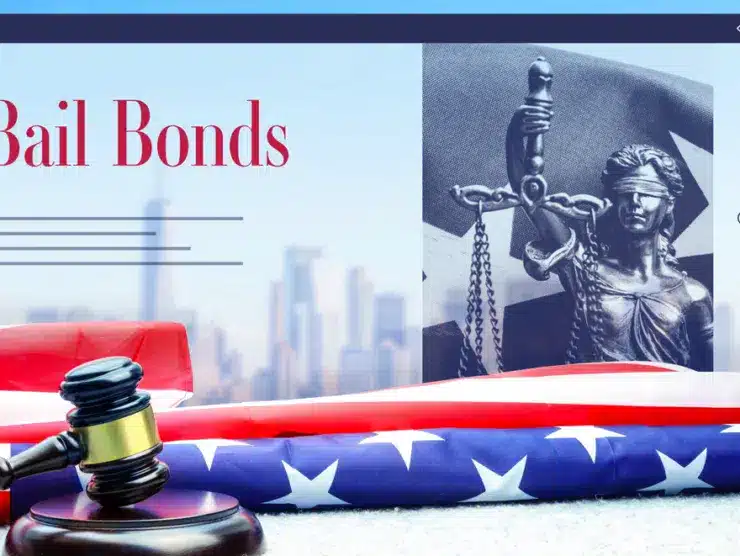 A collage of a judge's gavel, the Scales of Justice, a folded American flag, and the words Bail Bonds.