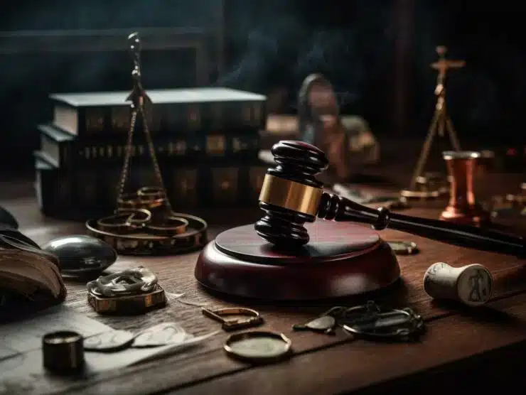 A judge's desk, prominently displaying a gavel